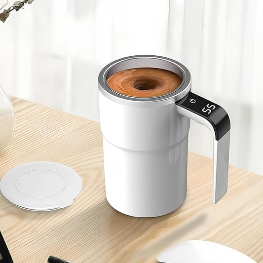 Intelligent Coffee Cup with Lid, 12oz Electric Magnetic Stirring Mug, Automatic Self Stirring Mug (White)