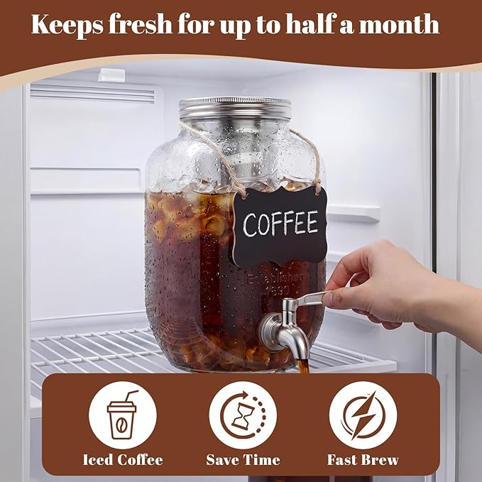 1 Gallon Cold Brew Coffee Maker with Stand, Heavy Duty Glass Iced Coffee Maker & Beverage Dispenser, Thick Iced Tea Pitcher for Fridge with 304 Stainless Steel Filter, Spigot & Lid
