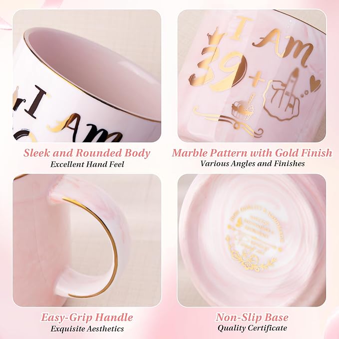 Funny 40th Birthday Gifts for Women - 14oz Pink Marble Ceramic Gold Print Coffee Mug with Cheeky “39+1” Design, Greeting Card & Luxury Gift Box, Celebrating Her Fabulous 40th with Humor and Style
