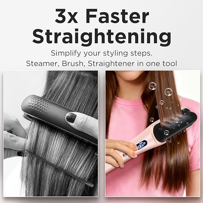 Prizm Pro Steam Hair Straightener Brush - Ionic Steam Straightening Brush for Curly Hair, Anti-Scald Ceramic Straightener Comb with LCD Display for Super Smooth, Frizz Free Hair, 4 Heat Settings, Pink