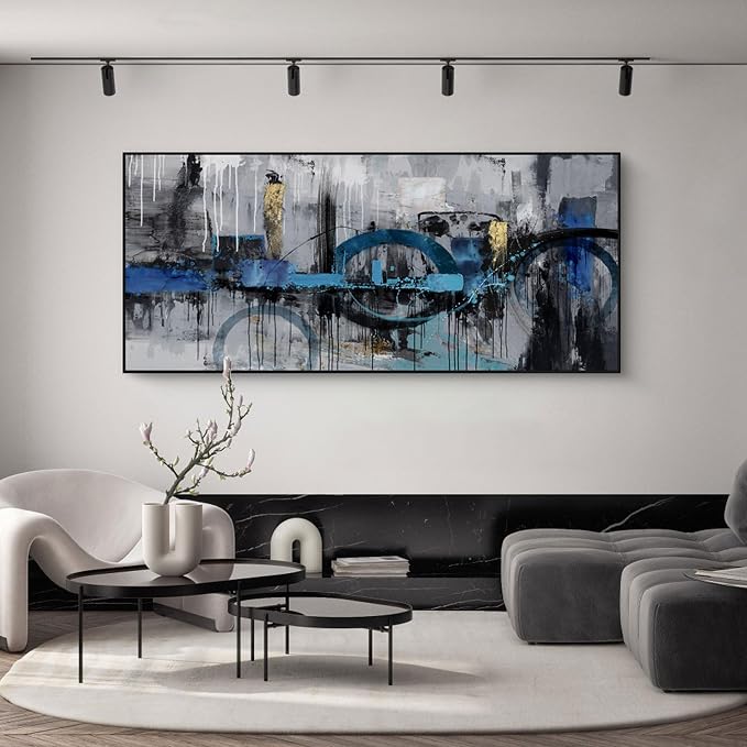 Abstract Wall Art for Living Room Bedroom Above the Sofa Picture Artwork | Oversized 86x39 Inches Made of Canvas with a Black Frame This Blue-Gray-Gold Piece Offers Minimalist Luxury Wall Decor