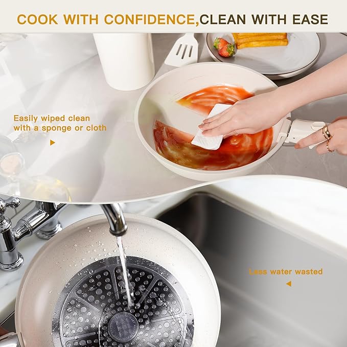 Astercook 20 Piece Pots and Pans Set Non Stick, Cookware Set with Detachable Handle, Oven Safe, Induction Ready, Stackable RV Kitchen Cooking Set Removable Handles, Cream White
