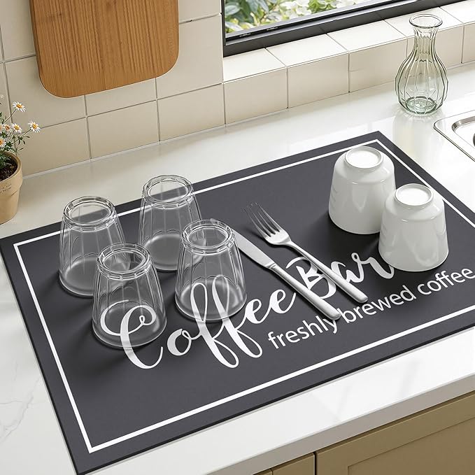 Findosom Dish Drying Mat, 16"x 24" Super Absorbent & Hide Stain Coffee Mat, Cuttable Drying Mat for Kitchen Counter, Coffee Bar Accessories, Under Dish Rack, Coffee Maker, Espresso Machine, DarkGrey