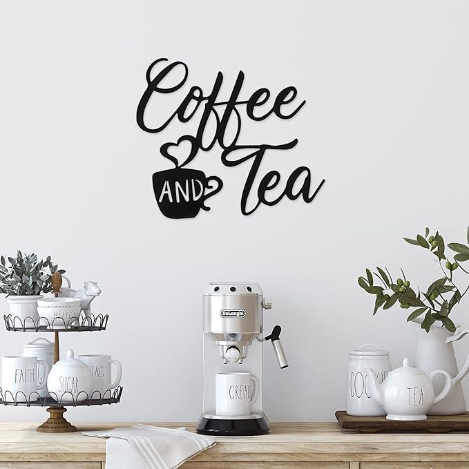 Ferraycle Coffee Bar Decor, 12 x 10.2 Inch Sign for Wall Metal Rustic Hanging Wall Art Vintage Black Cup Letter Sign for Cafe Home Office Kitchen(Coffee and Tea)