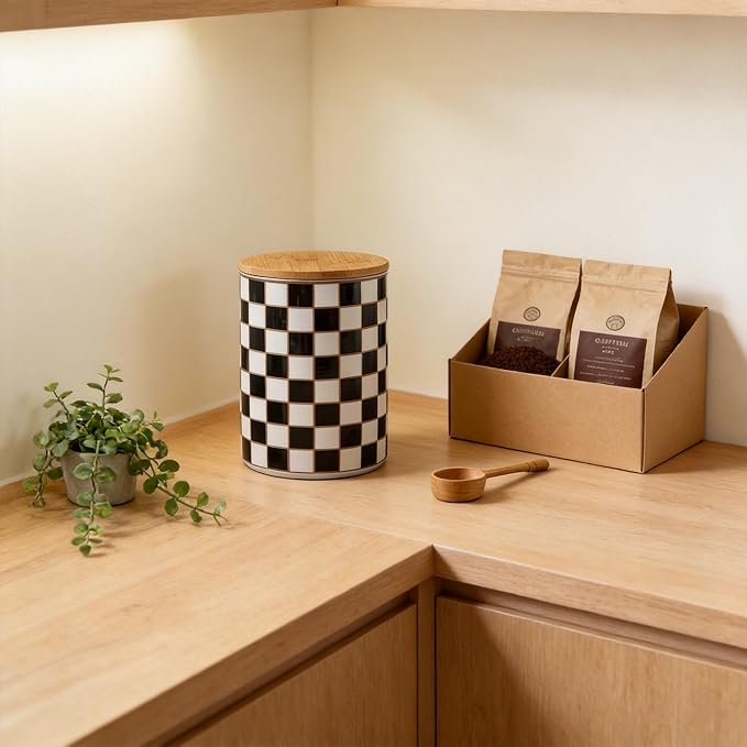 Kitchen Countertop Ceramic Checkered Canisters,Black And White Food Storage Containers With Lid,Airtight Kitchen Canisters for Flour, Sugar, Coffee, Tea, and Dry Goods (Black, XL)