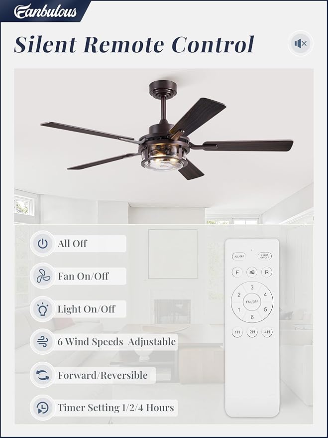 Fanbulous 52 Inch Ceiling Fan with Light and Remote,Downrod Mount Farmhouse Ceiling Fan for Bedroom, Quiet 6-Speed Reversible DC Motor, Rustic Brown & Wood Finish Blades