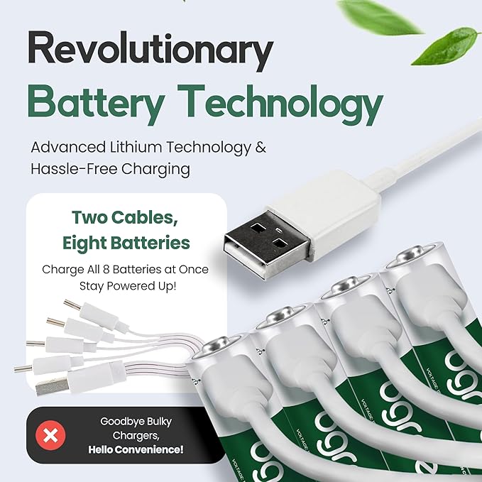 8 Pack USB C rechargeable AA Batteries - Rechargeable Lithium AA Batteries with 4-in-1 Charging Cable, 1.5V Output & 3400mWh High Capacity, LED Indicator, 90 Min Fast Charge with Upto 1200 Cycles
