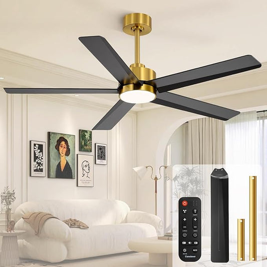 Conciseer 52 Inch Ceiling Fans with Lights and Remote for Bedroom Living Room Kitchen Office, Indoor/Outdoor Use, 6CCT Dimmable, 5 Blades 6 Speed Reversible Quiet DC Motor, Gold/Black