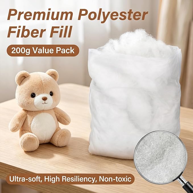 RAINFLOW Polyester Fiberfill Stuffing - 7.05oz Polyfill for Pillow Stuffing, Stuffed Animals and DIY Crafts, Firm Support Filling for Small Dolls, Cushions and Sewing Projects