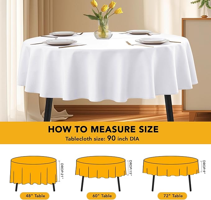 6-Pack White Round Tablecloths, 90 Inches, Stain-Resistant Polyester for 4-5 Ft Round Tables - Washable Table Covers for Weddings, Banquets, Birthday, Parties, Events