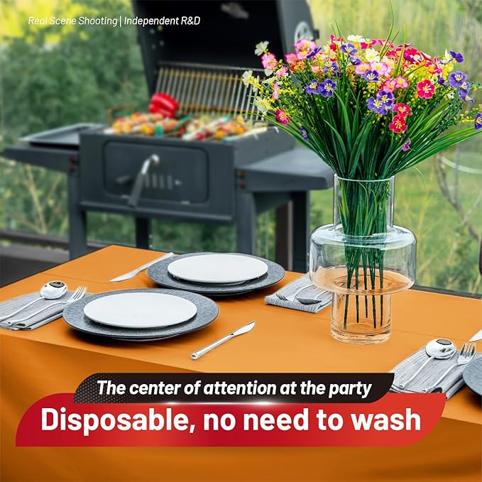 Plastic Table Cloth, 110 Ft X 54 in Disposable Tablecloth Orange Tablecloth Premium PEVA Plastic Table Cloth Disposable with Any Cut Sliding Cutters for Picnics, Parties, Birthdays, Festivals