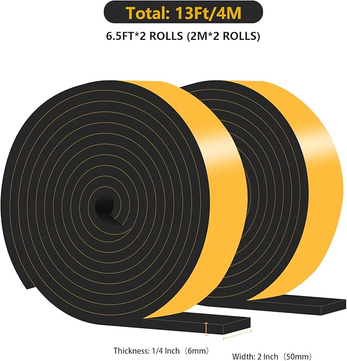Weather Stripping Door Seal,Weather Stripping,Soundproof,Cold Insulation,High Density CR Foam Insulation Tape for Door, Front Door Frame, Windows,Sliding Door (Black, 2 in x 1/4 in x 13Ft)