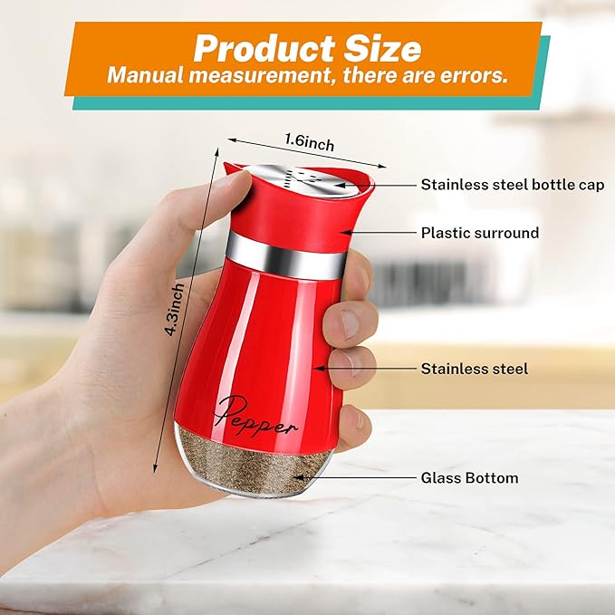 Salt and Pepper Shakers Set,4 oz Glass Bottom Salt Pepper Shaker with Stainless Steel Lid for Kitchen Cooking Table, RV, Camp,BBQ Refillable Design Christmas Kitchen Decor Gifts(Red)