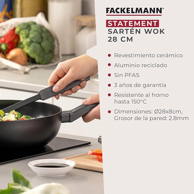 Fackelmann Statement ⌀28cm Wok Frying Pan, Recycled Aluminium, Non-Stick | PFAS Free Ceramic Coating, Honeycomb Base Structure, Comfort Grip Handle, All Stoves Including Induction, 47x28x8cm, Ash Grey