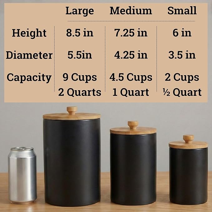 Ceramic Kitchen Canisters for Countertop Set of 3 with Airtight Bamboo Lids - Black Kitchen Canisters with Airtight Lids - Flour Sugar Canister Set - Flour and Sugar Containers Farmhouse - Coffee Jar