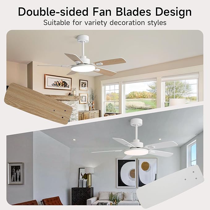 44 Inch Ceiling Fans with Lights and Remote for Bedroom Living Room Kitchen Office, Indoor/Outdoor Use, 5CCT Dimmable, Dual Color 5 Blades, 6 Speed Reversible Quiet DC Motor, White/Wood Grain