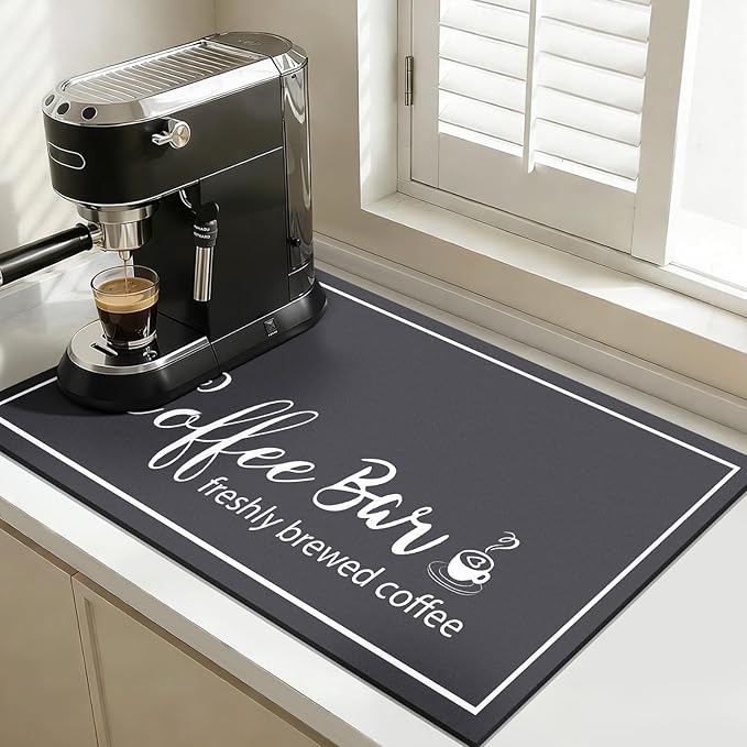 Findosom Dish Drying Mat, 16"x 24" Super Absorbent & Hide Stain Coffee Mat, Cuttable Drying Mat for Kitchen Counter, Coffee Bar Accessories, Under Dish Rack, Coffee Maker, Espresso Machine, DarkGrey