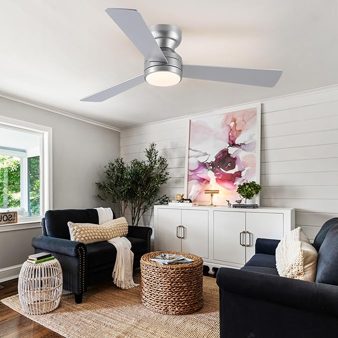 Asyko 46" Silver Low Profile Ceiling Fan with Light and Remote,Modern Flush Mount Ceiling Fans for Bedroom, Living Room, 6 Speeds, Dimmable, Timer, Quiet Reversible