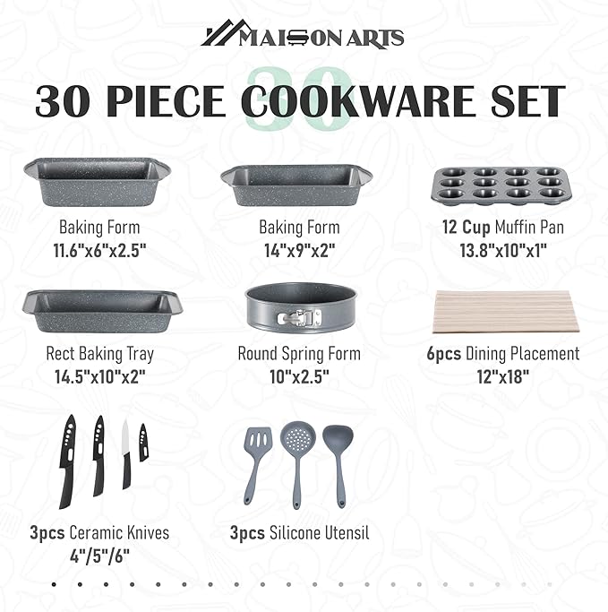 MAISON ARTS 30-Piece Pots and Pans Set - Kitchen Cookware Sets with Nonstick Granite Stone Coating, Suitable for Induction Cooktops,Grey
