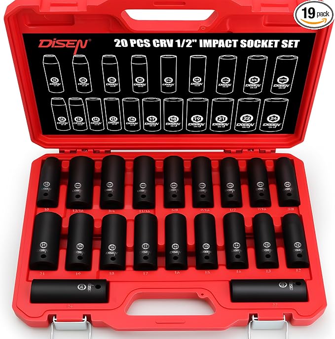 DISEN 20PCS 1/2" Impact Socket Set, Deep Sockets SAE 13/16"-3/8" & Metric 10-24mm, 6-Point Cr-V & Alloy Steel, 1/2 Inches Drive Impact Socket Set,Rugged Construction, Enhanced Storage Case