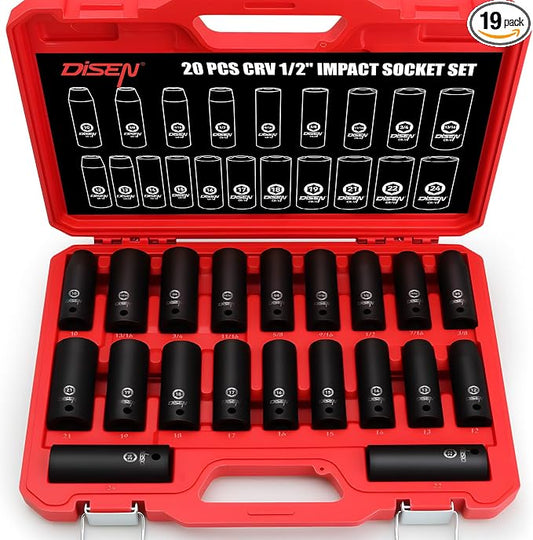 DISEN 20PCS 1/2" Impact Socket Set, Deep Sockets SAE 13/16"-3/8" & Metric 10-24mm, 6-Point Cr-V & Alloy Steel, 1/2 Inches Drive Impact Socket Set,Rugged Construction, Enhanced Storage Case