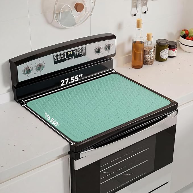Stove Top Cover for Electric Stove - Food Grade Ceramic Stove top Cover, Silicone XXL Dish Drying Mat, Glass Cooktop Covers, Flat RV Range top Mats (Green Thickened,28x20)
