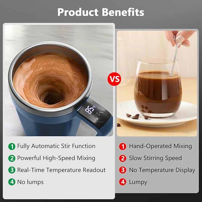 Self Stirring Coffee Mug with Temperature Display, 18 oz Rechargeable Self Stirring Mug with Lid, Automatic Self Stirring Cup, Coffee Mug with Stainless Steel for Coffee, Milk, Beverages, Blue