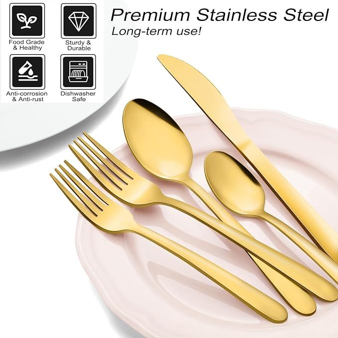 Pleafind 48-Pieces Gold Silverware Sets for 8, Flatware Set with Steak Knives, Stainless Steel Cutlery Set, Include Forks Spoons and Knives Set, Dishwasher Safe Utensil Sets for Home Restaurant