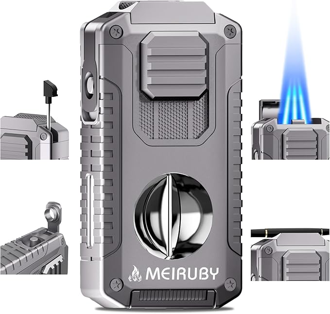 MEIRUBY 5-in-1 Butane Torch Lighter, Refillable Jet Flame Cigar Lighter with V-Cutter, Punch, Holder and Draw Tool, Multi-Functional Cigar Accessories Gift for Men, Dad, Husband, Friend & Cigar Lover