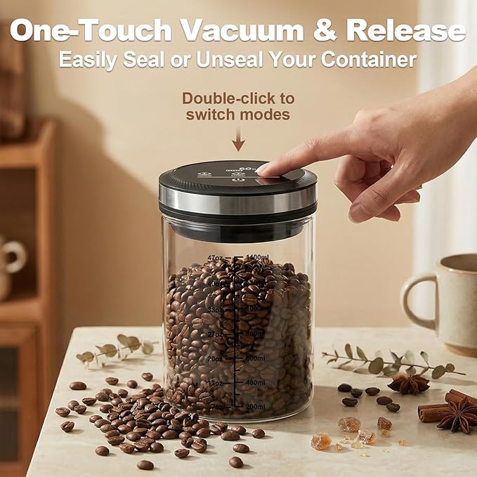Vacuum Coffee Canister, Airtight Coffee Container with Graduated Scale and Vacuum Duration Display. Features Transparent Borosilicate Glass Construction and a 1.6L Large Capacity