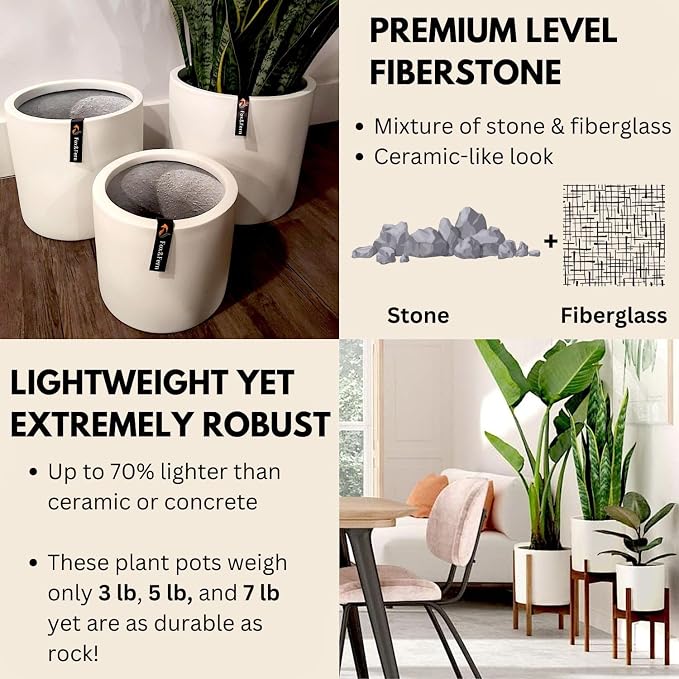 Fox & Fern Large Indoor Planter, Modern Large Plant Pot for Indoor or Outdoor, UV and Frost Resistant - Set of 3: 8, 10, 11.8 Inch, White Flower Pot with Drainage Plug, Lightweight