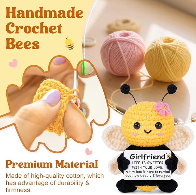 Gifts for Girlfriend - Romantic Handmade Crochet Bee - I Love You to My Love Wedding Anniversary Birthday Gift for Women Couple, Emotional Support Crochet Decor