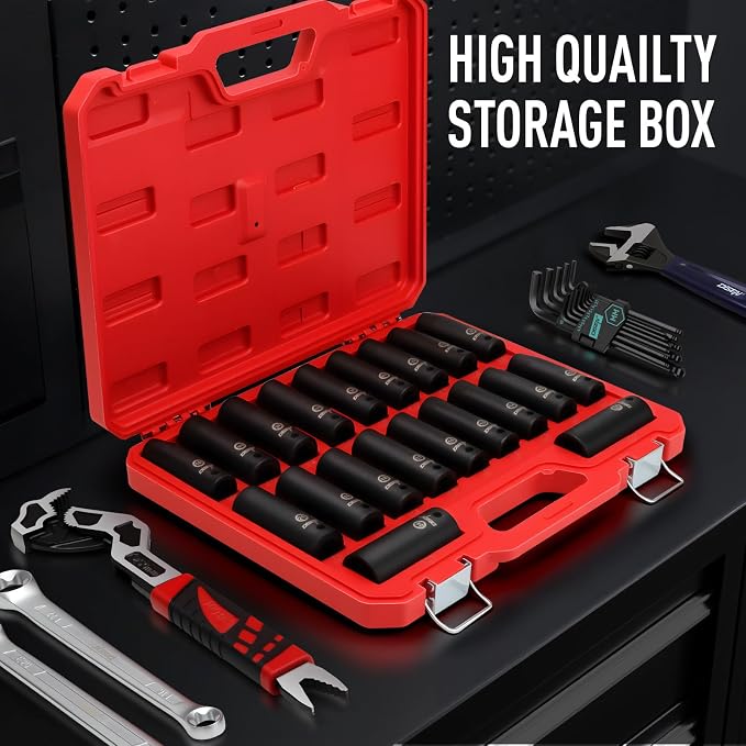 DISEN 20PCS 1/2" Impact Socket Set, Deep Sockets SAE 13/16"-3/8" & Metric 10-24mm, 6-Point Cr-V & Alloy Steel, 1/2 Inches Drive Impact Socket Set,Rugged Construction, Enhanced Storage Case