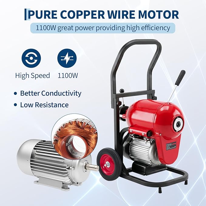 Garvee Electric Drain Cleaner Machine, 1100W Manual Feed Sewer Snake Auger, 120 ft x 6/5 in Cable, CW/CCW Control, 6 Cutter Set, for 4–8 in Pipes