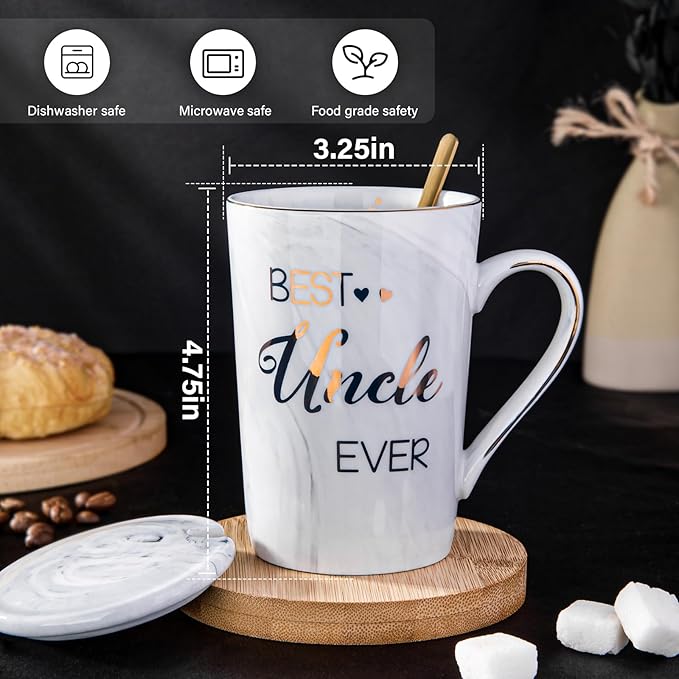 Best Uncle Birthday Gifts from Nephew Niece, Uncles Valentines Gift, Fathers Day Announcement Presents - 14oz Grey Marble Ceramic Gold Print Uncle Mug, with Lid, Spoon, Greeting Card, Nice Gift Boxed