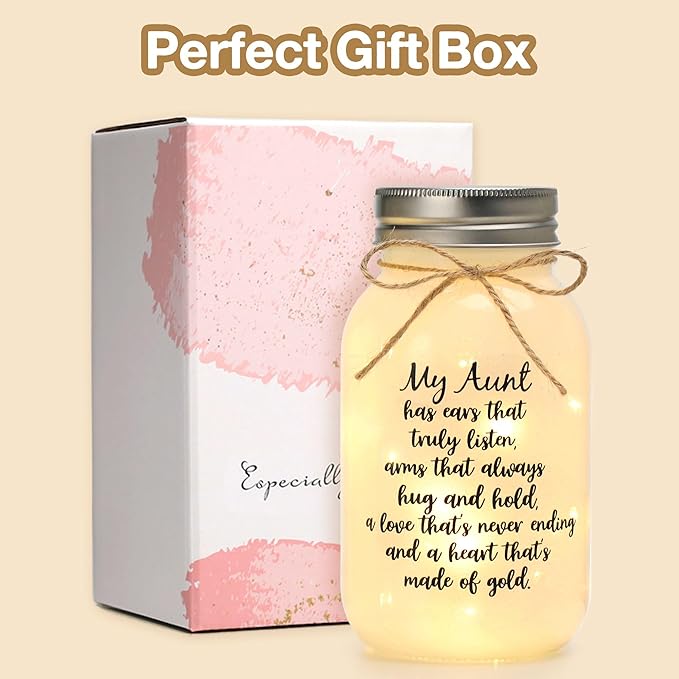 Maracco Mothers Day Aunt Gifts from Niece Nephew, Mason Jar Night Lights Birthday Gifts for Aunts, Auntie Gift Ideas, Best Aunt Ever Gift, Great Favorite Auntie Mason Jar (30oz)