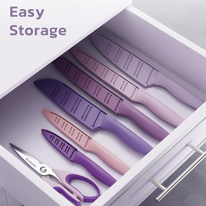 Astercook Knife Set, 13 Pieces Kitchen Knives Set with Healthy Anti-Rust Coating, Dishwasher Safe, Stainless Steel Chef Knife Sets with 6 Blade Guards, Perfect Mothers Day Gifts for Kitchen Purple
