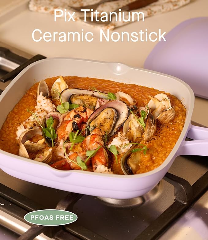USELUCK 10.5 Inch(3.8QT) Ceramic Pan with Lid,Non Stick Frying Pans Cast Aluminum Deep Sauté Pans,Ti-Ceramic Non Toxic Pix Pan with Wooden Spatula and Scrubber-Dusk Petal