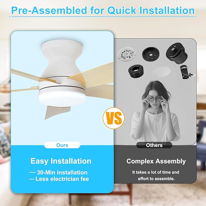 Depuley Modern Ceiling Fan with Light: 42-Inch White Small Fans for Bedroom Indoor Outdoor - Dimmable Low Profile Ceiling Fans with Remote Control Flush Mount 5 Reversible Wood Blades 6 Speeds Timer