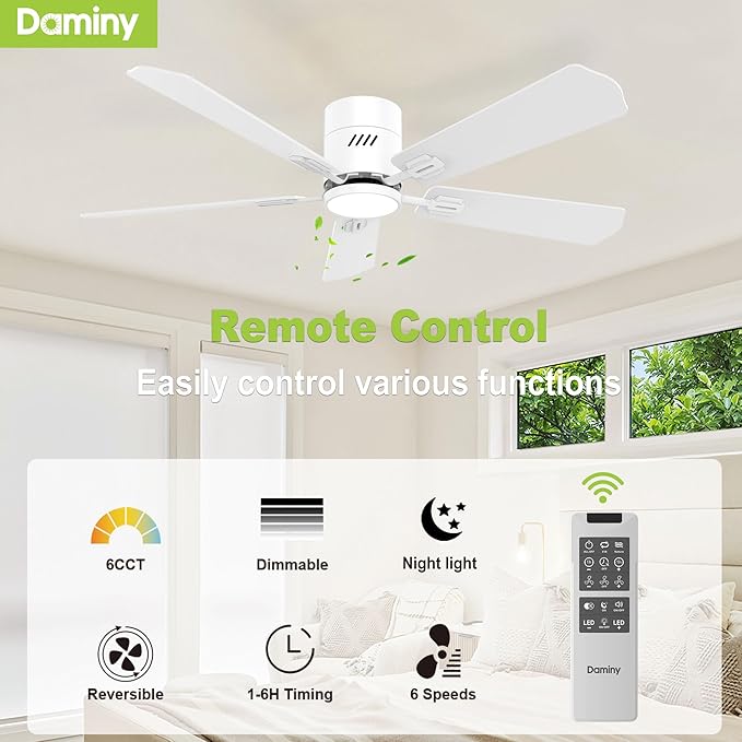 DAMINY 52 inch 5 Blades White Ceiling Fans with Lights,Flush Mount,6CCT, Low Profile Ceiling Fan with Light and Remote Control,DC Motor,Ceiling Fan for Bedroom, Kitchen,Living Room,Indoor/Outdoor Use