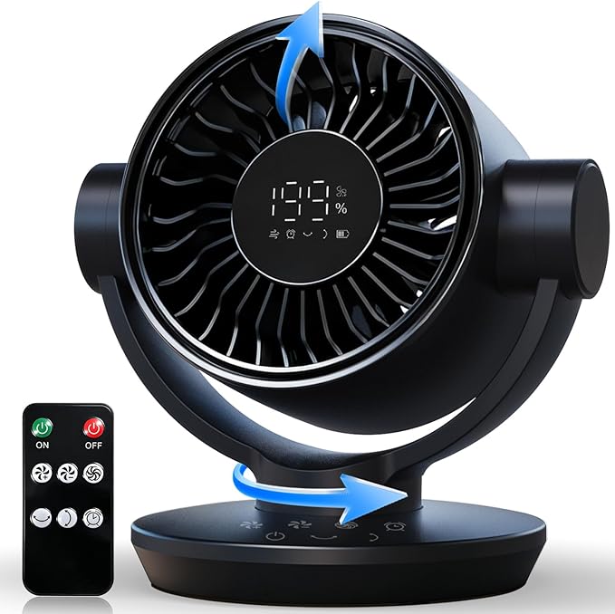 Fan for Bedroom, Table Air Circulator Fan 9 Inch Remote, 90°+120° Auto Oscillation Desk Fan, 10dB Quiet, 6-Speed, Powerful Mode Cordless, Max 12H Timer 8000mAh Battery 40ft Airflow, LED Display