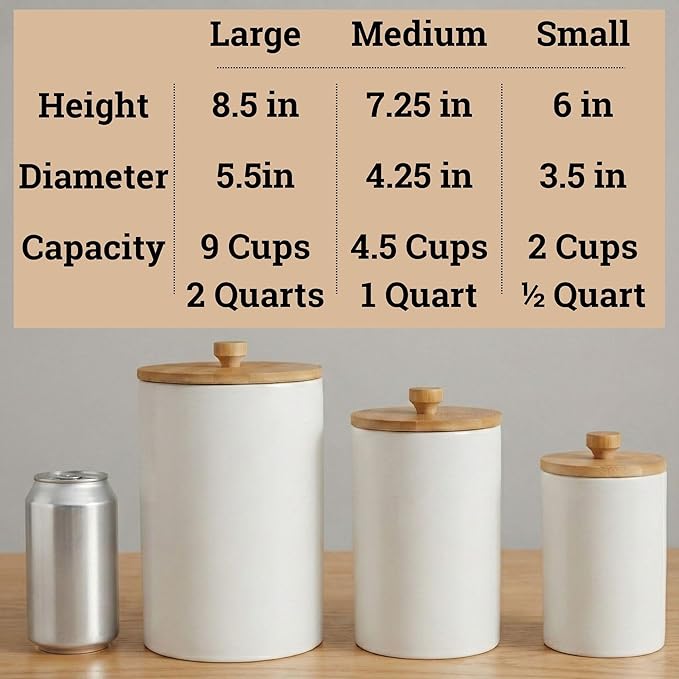 Ceramic Kitchen Canisters for Countertop Set of 3 with Airtight Bamboo Lids - White Kitchen Canisters with Airtight Lids - Flour Sugar Canister Set - Flour and Sugar Containers Farmhouse - Coffee Jar
