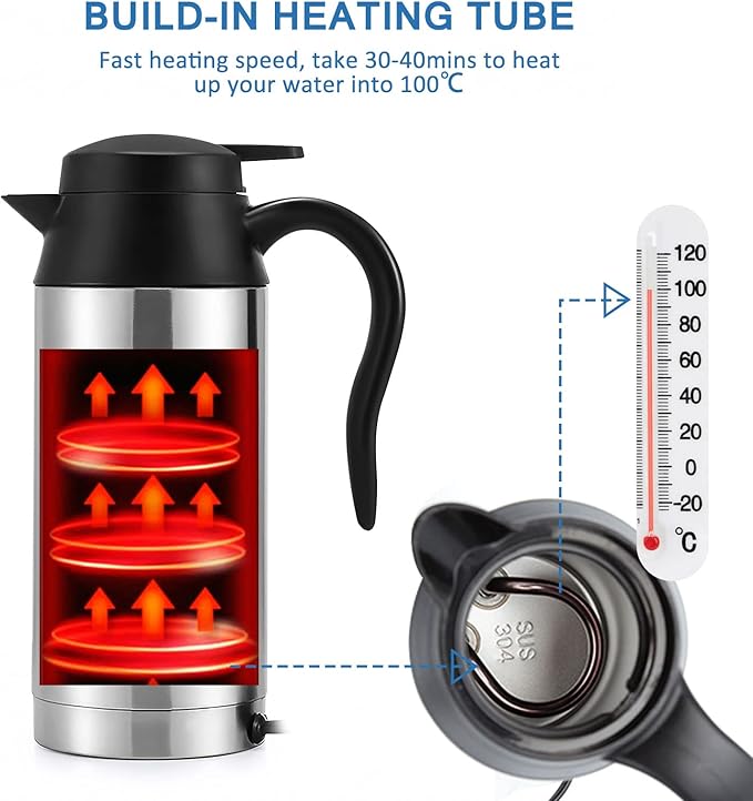 12V Car Kettle Boiler - 650ml Travel Kettle Car Water Heater Stainless Steel Car Coffee Cup Warmer Hot Water Maker with DC 12V Charger Electric Kettle for Car, Silver, A-1914218
