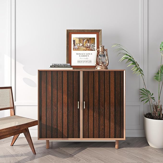 FunStick 16"x472" Brown Wood Slats Peel and Stick Wallpaper Waterproof Dark Wood Grain Contact Paper for Walls Cabinets Removable Beadboard Paneling Wall Paper for Ceiling Pole Wrap Roll Kitchen Desk