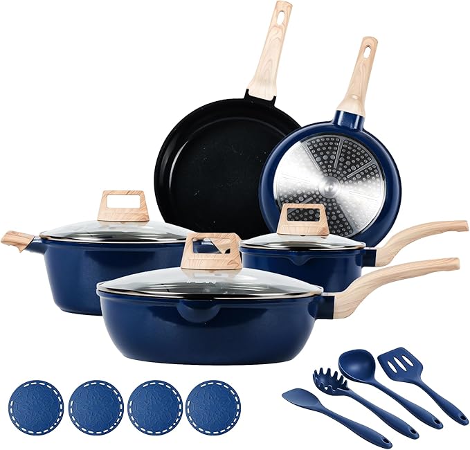 FDN 16Pcs Titanium Pots and Pans Set,Toxic-Free Cookware Set, Dishwasher & Oven Safe, Induction Compatible with Bakelite Wood Grain Handle, Compact and Durable