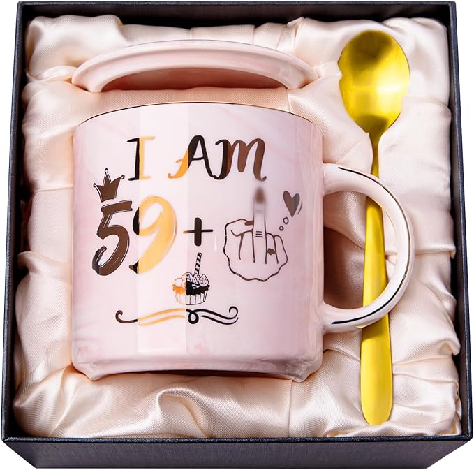 Funny 60th Birthday Coffee Mug for Women - 14oz Pink Marble Ceramic Mug, Playful Gold 59 Plus 1 Hand Design - Hilarious Turning 60 Year Old Gift for Mom, Sister, Best Friend, Wife, Neighbor, Colleague