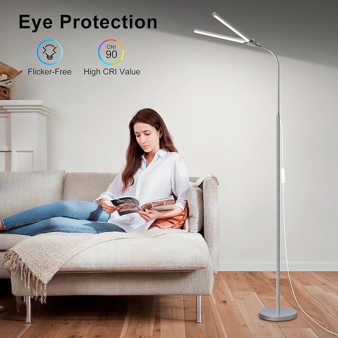 Bright Floor Lamp, 18W/2000LM Silver LED Floor Lamp with Double Head | Adjustable Gooseneck, Dimmable Craft Light for Sewing Tatoo Puzzle，Eye Caring Reading Lamps for Living Room Bedroom Office