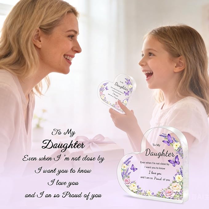 Mothers Day Gifts for Daughter - To My Daughter Acrylic Heart Plaque Daughter Gifts, Purple Birthday Gifts for Daughter Adult Teen Girls from Mom Dad, Cute Keepsake Inspirational Decor