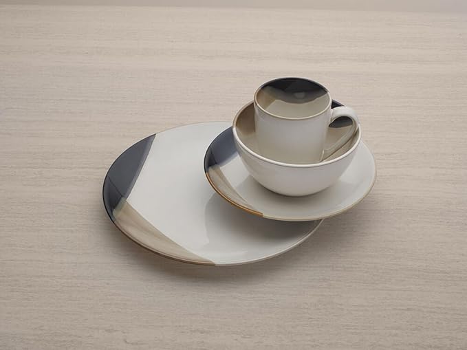 Mikasa Gourmet Basics Caden 16-Piece Stoneware Dinnerware Set, Service for 4, White Glossy Center with Black and Tan Two-Tone Reactive Glaze, Dishwasher and Microwave Safe