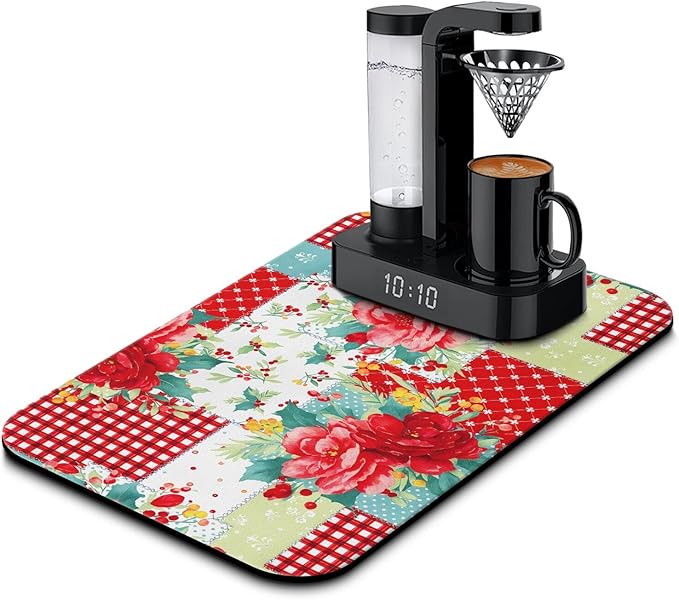 Kitchen Counter Drying Mat, Floral Patchwork Design, Red and Green Rose Pattern,12x20 Inch